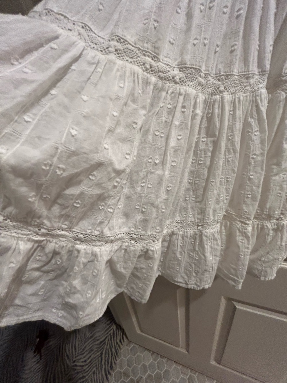 Zara White Cotton Short Sleeve Mini Dress Lace Trim - Picture 8 of 11